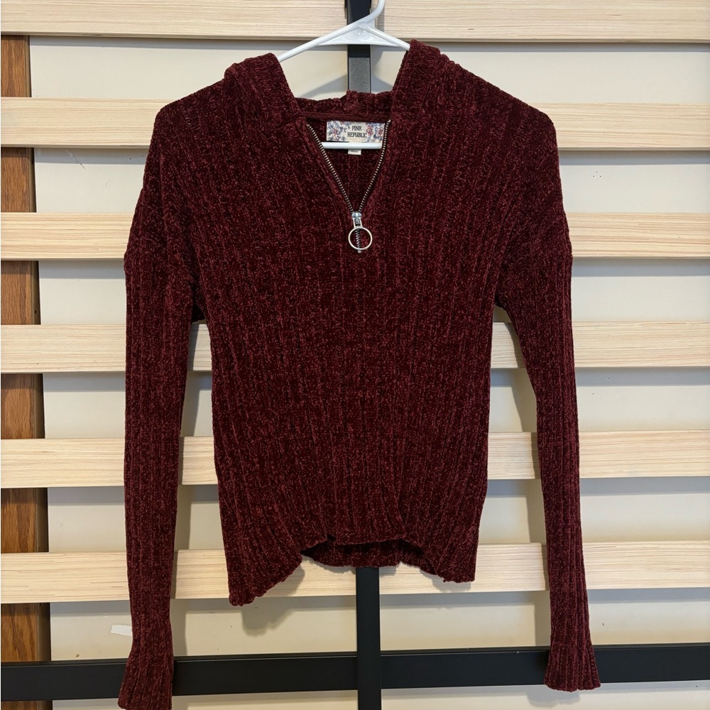 Pink Republic Maroon Hooded Ribbed Soft Sweater